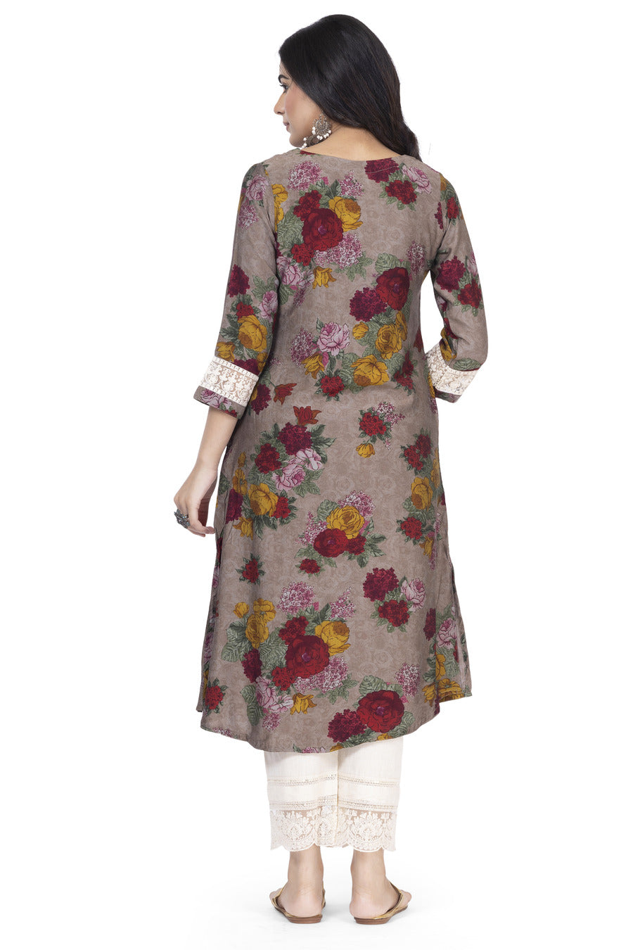 ETHNIC PRINT A-LINE MUSLIN BLEND WITH CHIKANKARI SLEEVE WORK KURTA ONLY