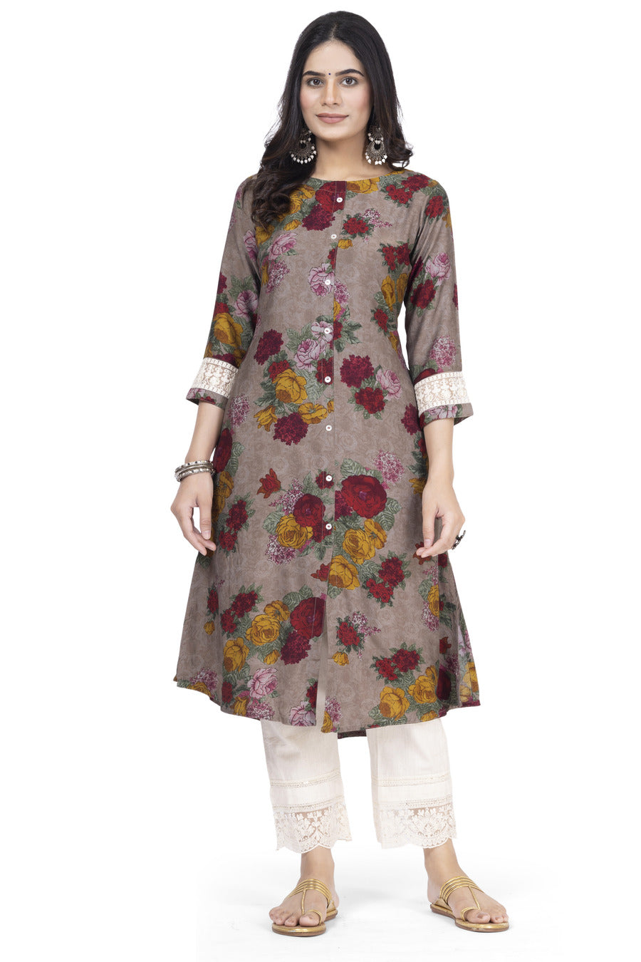 ETHNIC PRINT A-LINE MUSLIN BLEND WITH CHIKANKARI SLEEVE WORK KURTA ONLY