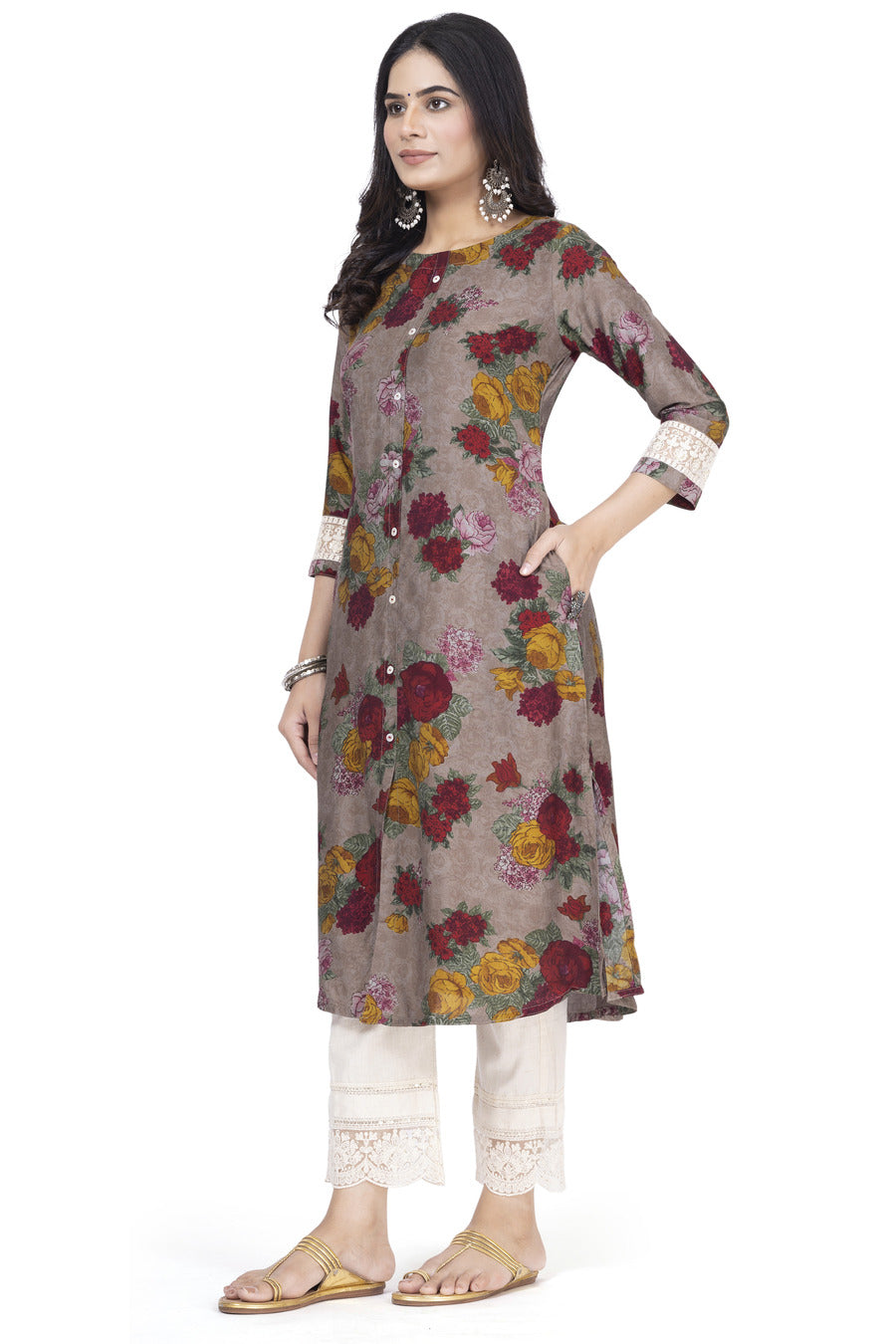 ETHNIC PRINT A-LINE MUSLIN BLEND WITH CHIKANKARI SLEEVE WORK KURTA ONLY