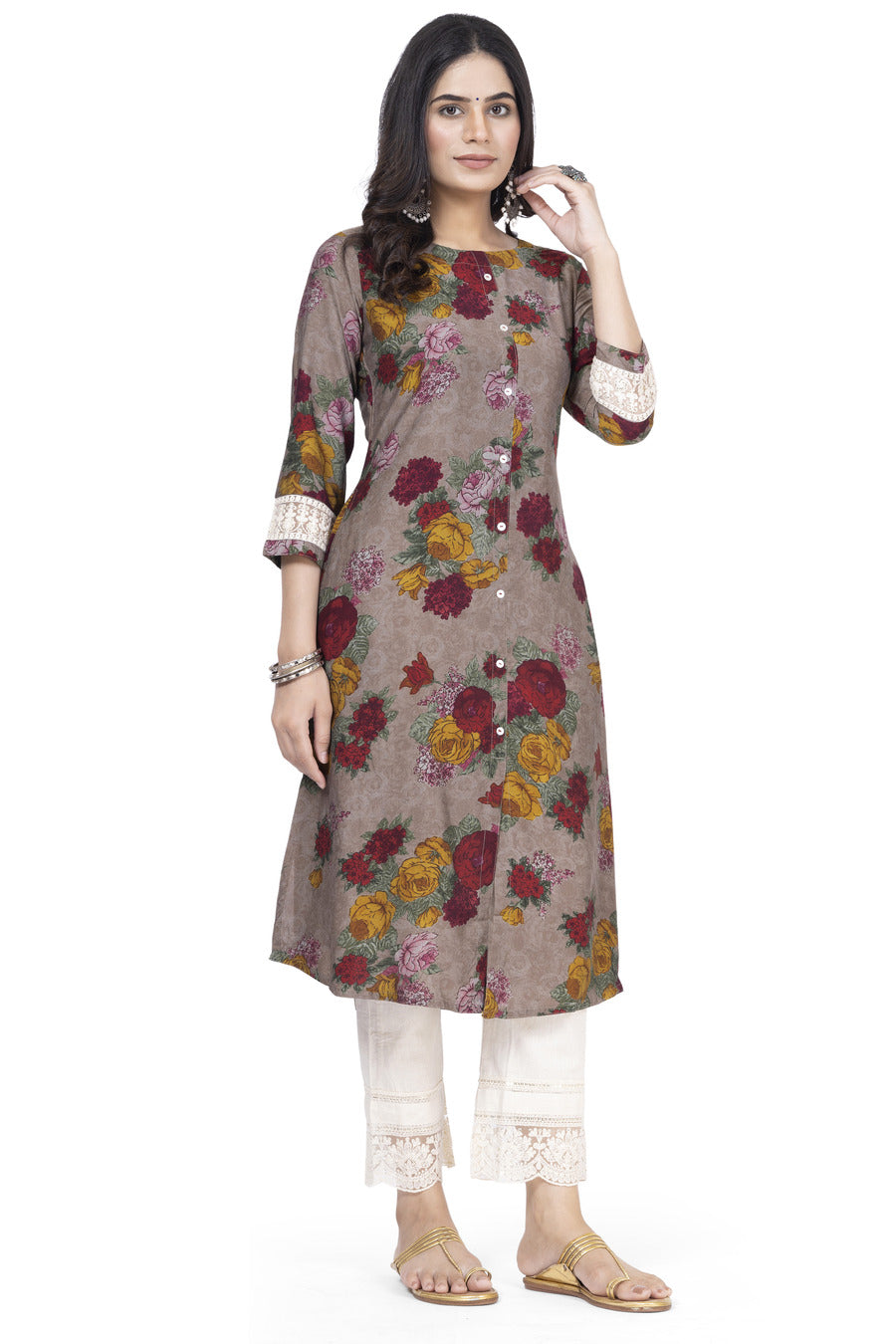 ETHNIC PRINT A-LINE MUSLIN BLEND WITH CHIKANKARI SLEEVE WORK KURTA ONLY