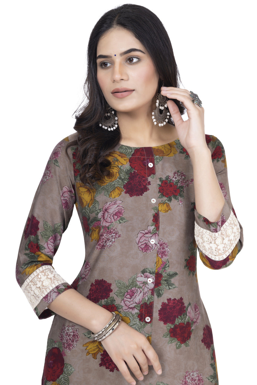 ETHNIC PRINT A-LINE MUSLIN BLEND WITH CHIKANKARI SLEEVE WORK KURTA ONLY
