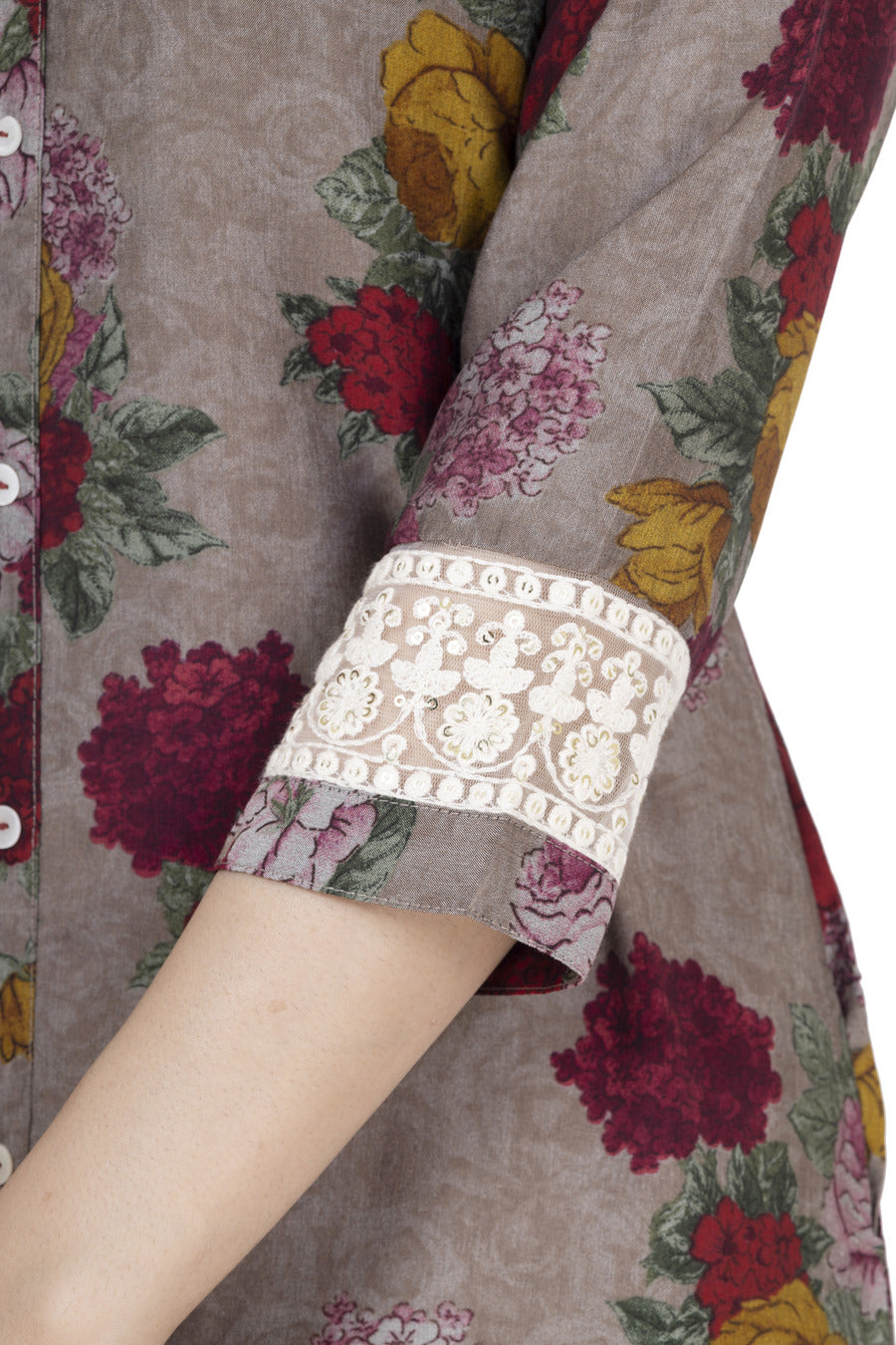 ETHNIC PRINT A-LINE MUSLIN BLEND WITH CHIKANKARI SLEEVE WORK KURTA ONLY