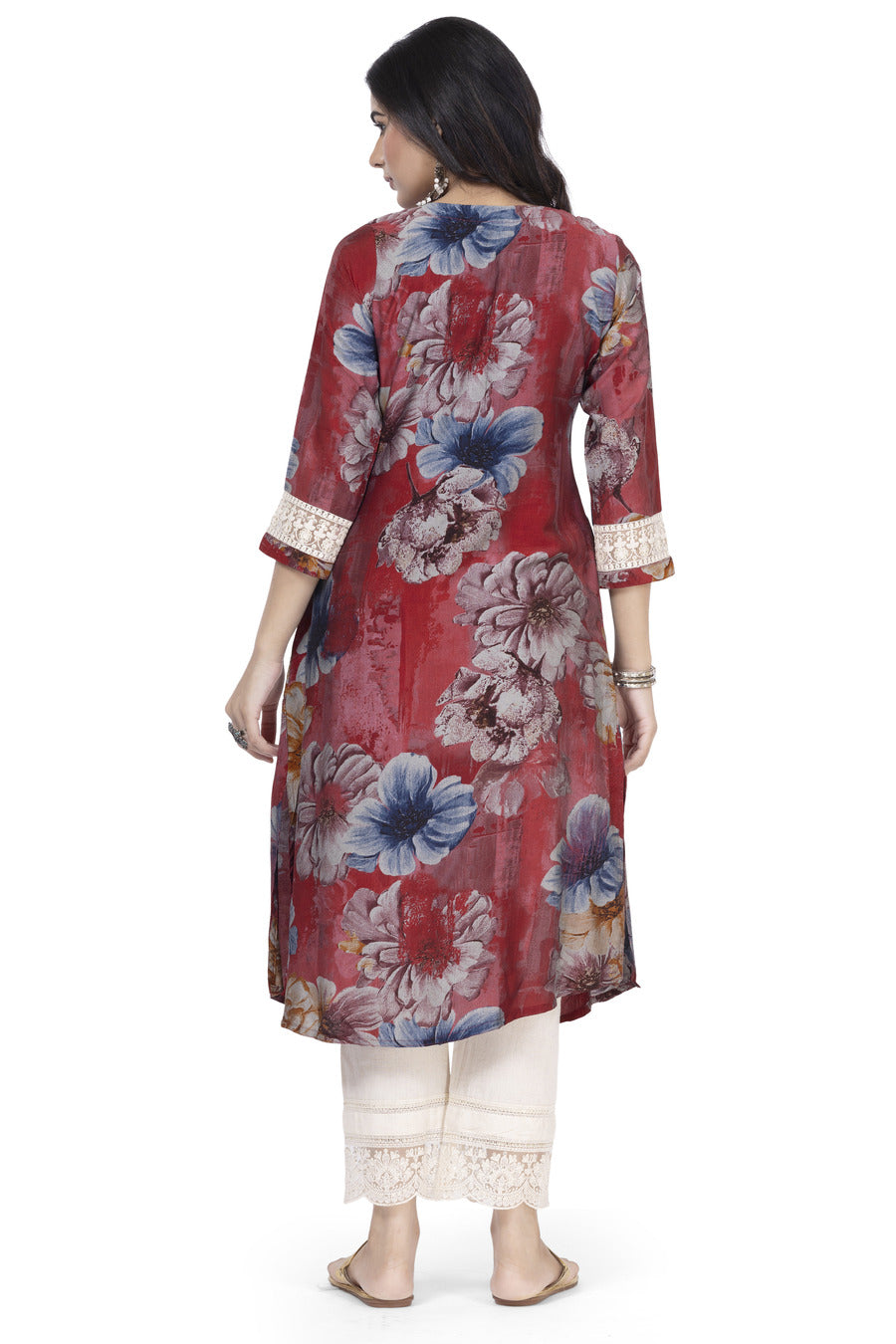 ETHNIC PRINT A-LINE MUSLIN BLEND WITH CHIKANKARI SLEEVE WORK KURTA ONLY