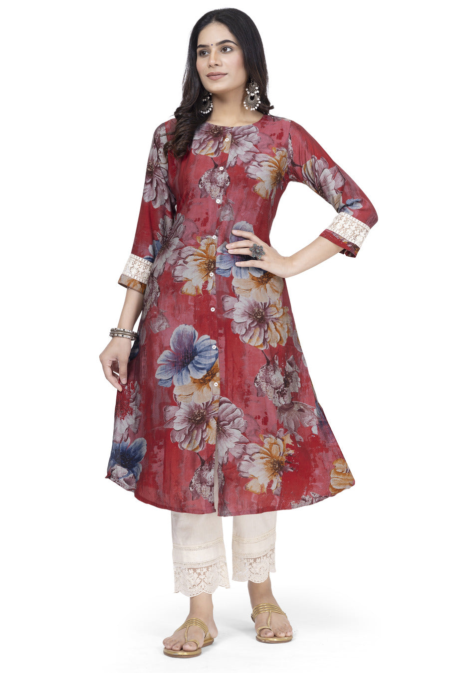 ETHNIC PRINT A-LINE MUSLIN BLEND WITH CHIKANKARI SLEEVE WORK KURTA ONLY