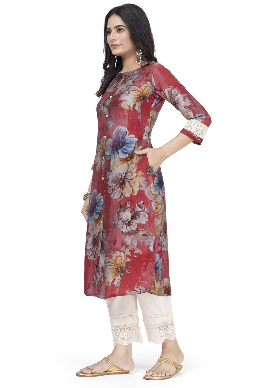 ETHNIC PRINT A-LINE MUSLIN BLEND WITH CHIKANKARI SLEEVE WORK KURTA ONLY