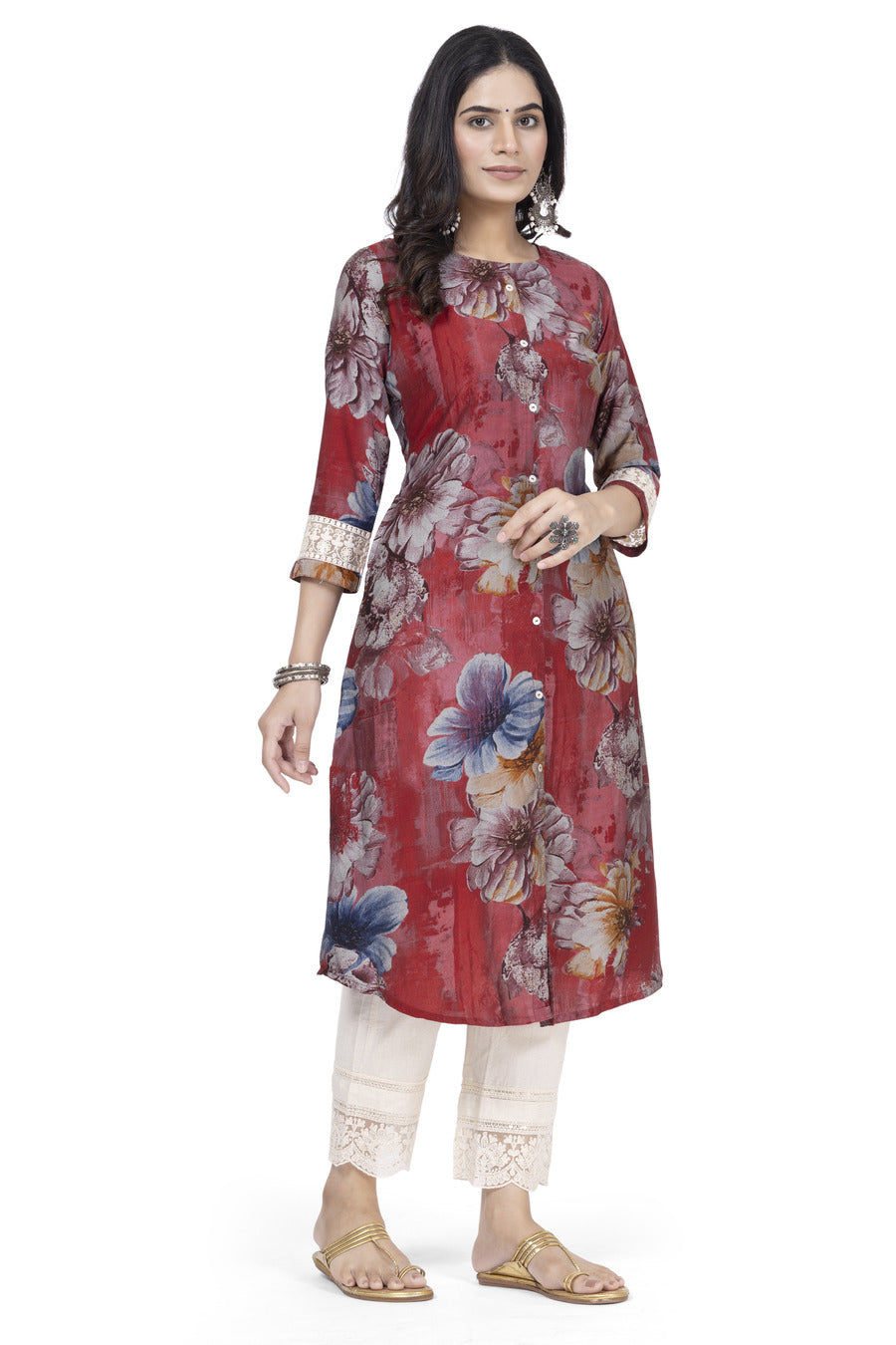 ETHNIC PRINT A-LINE MUSLIN BLEND WITH CHIKANKARI SLEEVE WORK KURTA ONLY