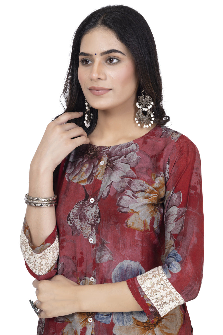 ETHNIC PRINT A-LINE MUSLIN BLEND WITH CHIKANKARI SLEEVE WORK KURTA ONLY