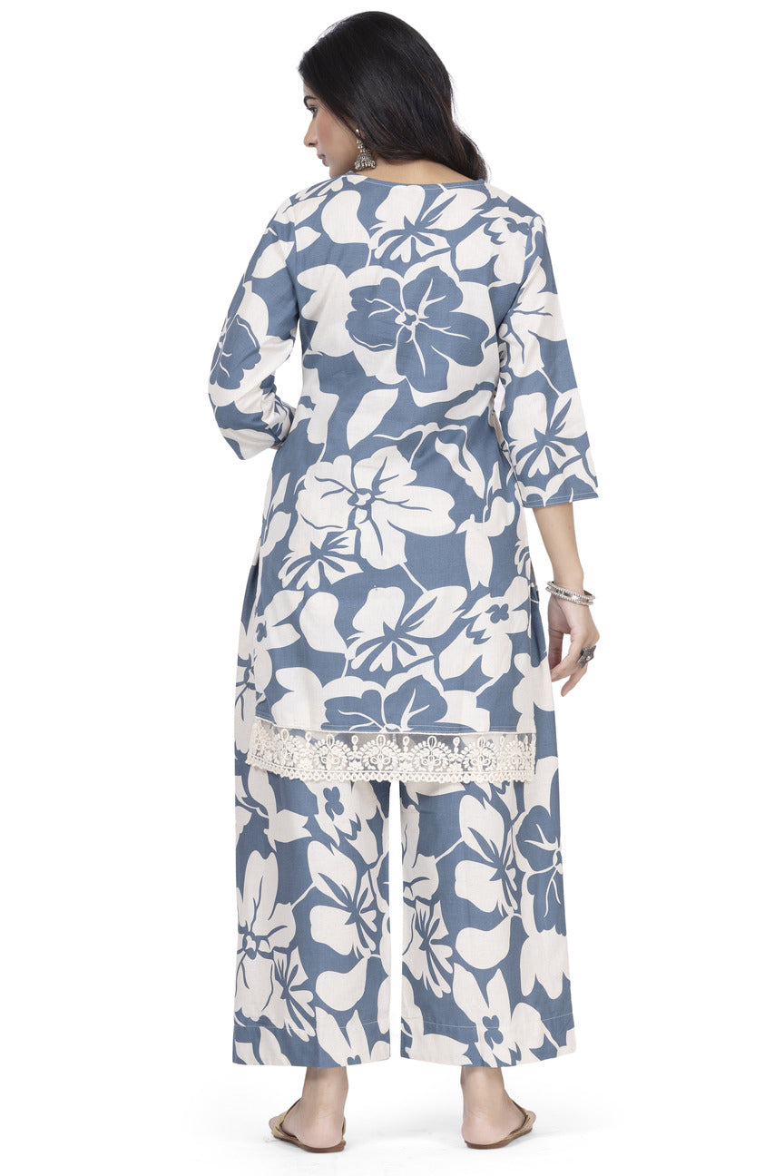 PRINTED ETHNIC COTTON KURTA WITH EMBROIDERY PLAZO 2PCS SET