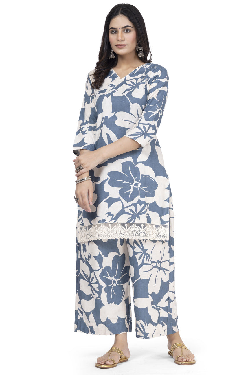 PRINTED ETHNIC COTTON KURTA WITH EMBROIDERY PLAZO 2PCS SET