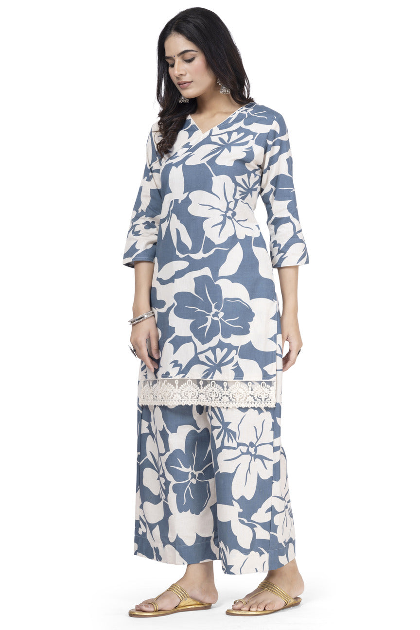 PRINTED ETHNIC COTTON KURTA WITH EMBROIDERY PLAZO 2PCS SET
