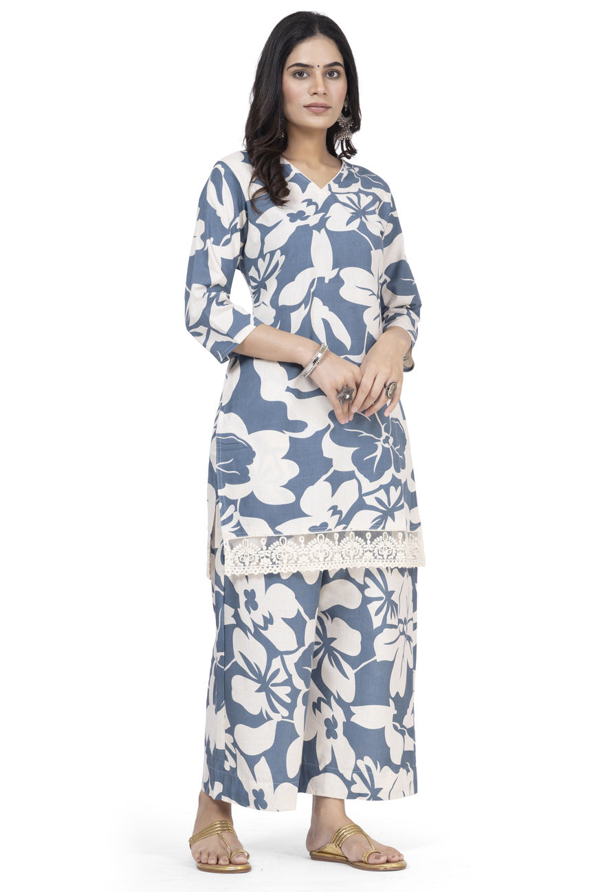 PRINTED ETHNIC COTTON KURTA WITH EMBROIDERY PLAZO 2PCS SET