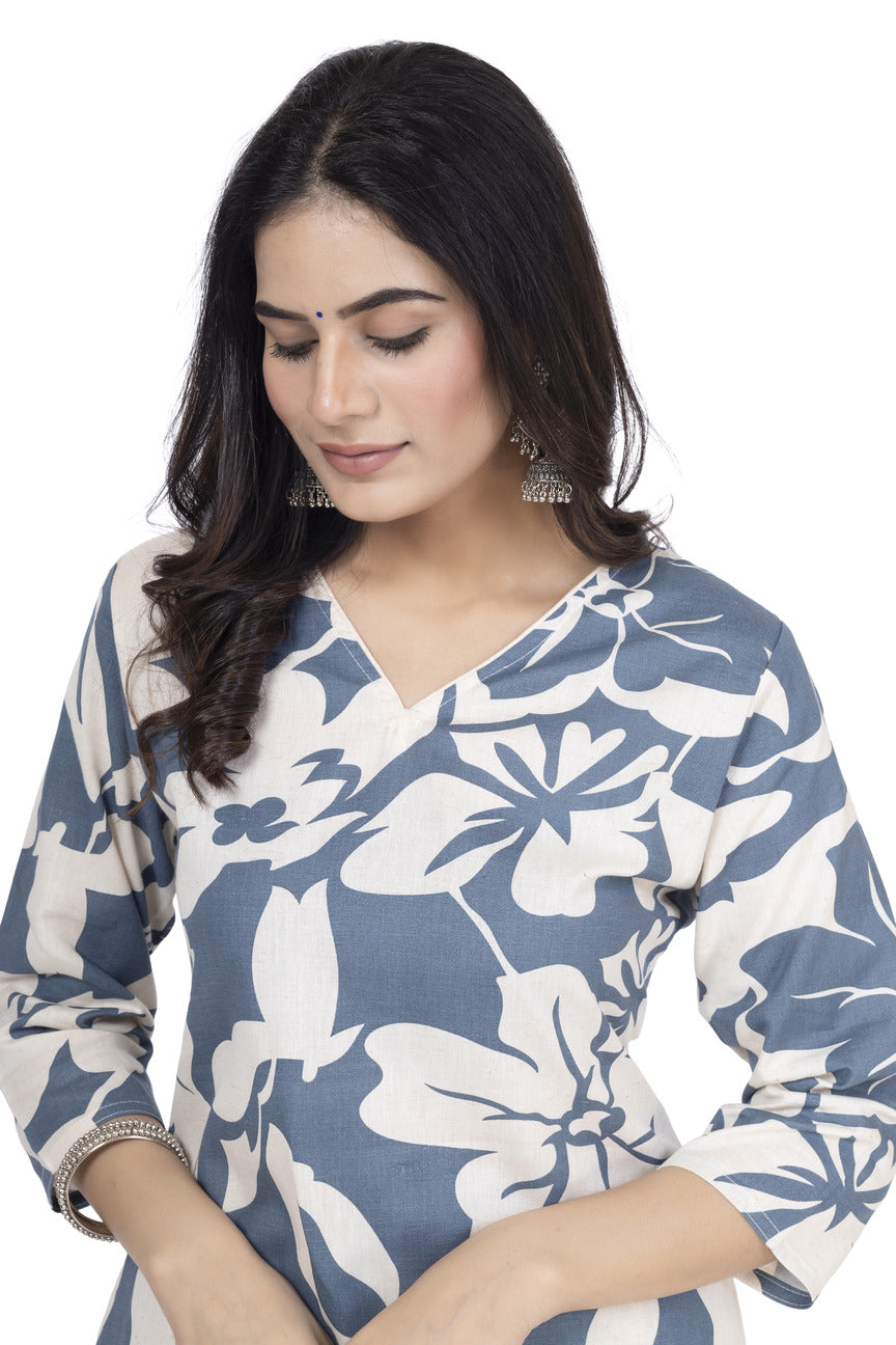 PRINTED ETHNIC COTTON KURTA WITH EMBROIDERY PLAZO 2PCS SET