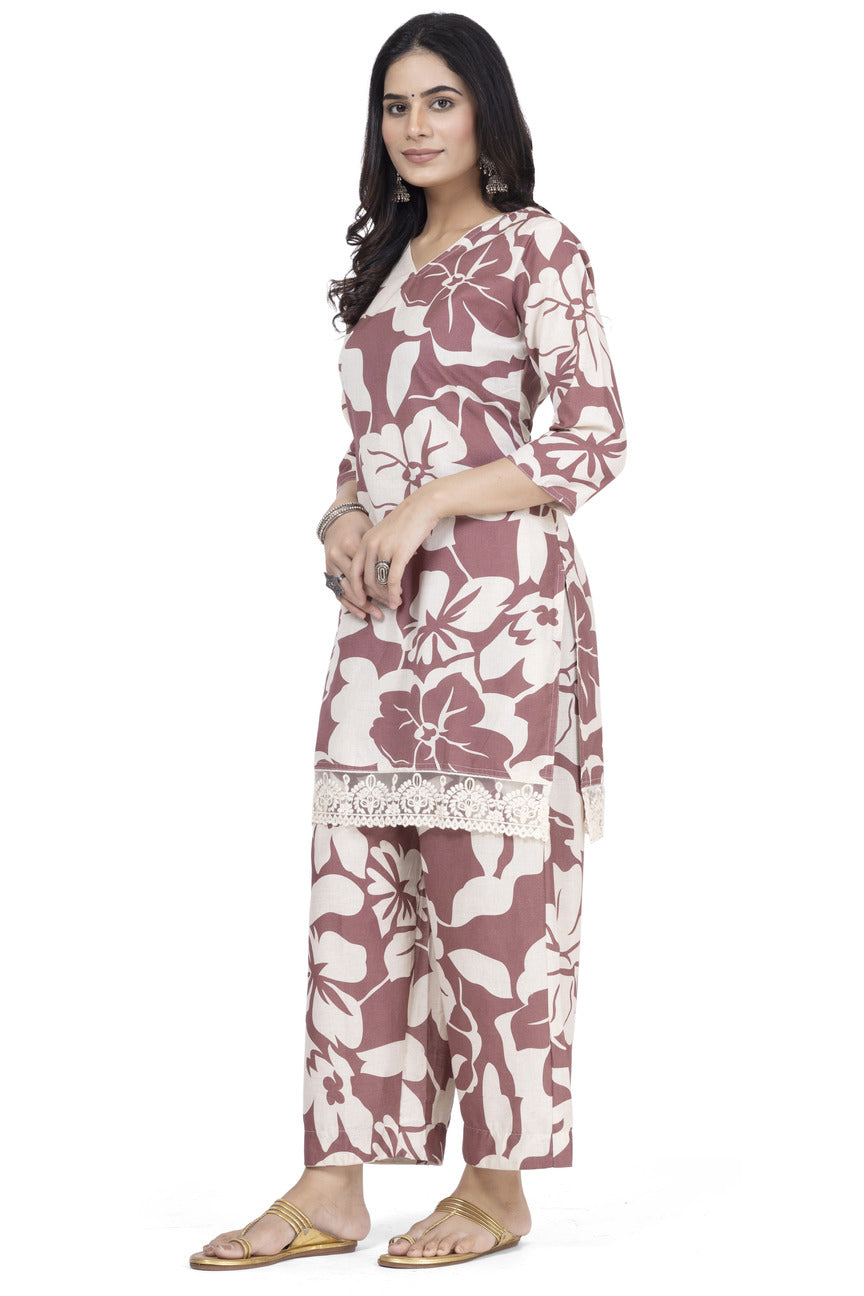 PRINTED ETHNIC COTTON KURTA WITH EMBROIDERY PLAZO 2PCS SET