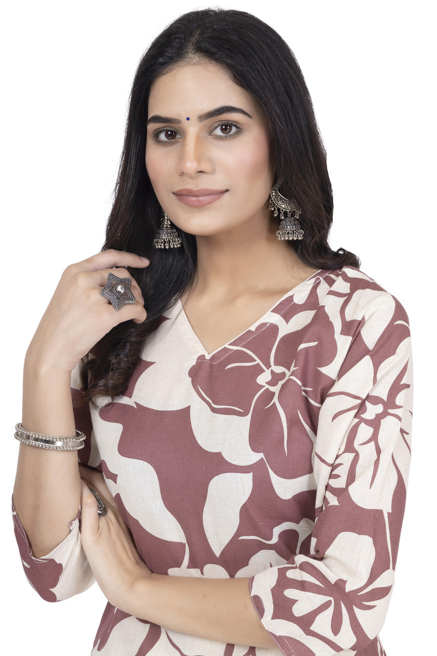 PRINTED ETHNIC COTTON KURTA WITH EMBROIDERY PLAZO 2PCS SET