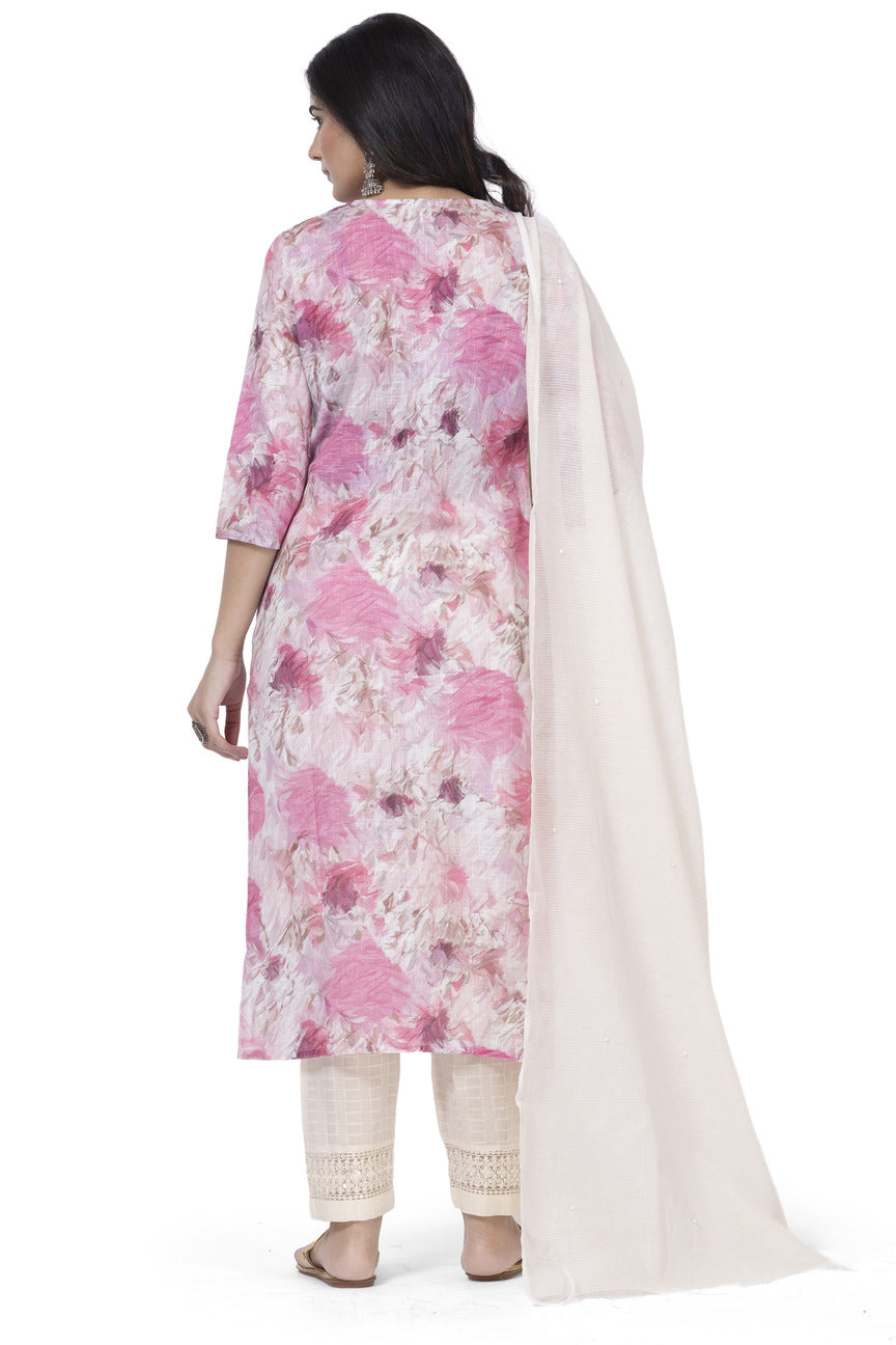 ETHNIC LINEN-COTTON DIGITAL PRINT WITH NECK EMBROIDERY KURTA 3PCS SET