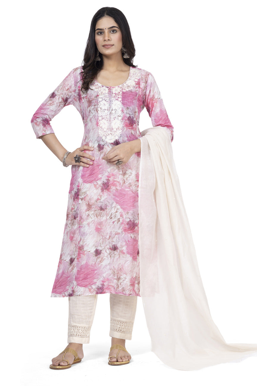 ETHNIC LINEN-COTTON DIGITAL PRINT WITH NECK EMBROIDERY KURTA 3PCS SET