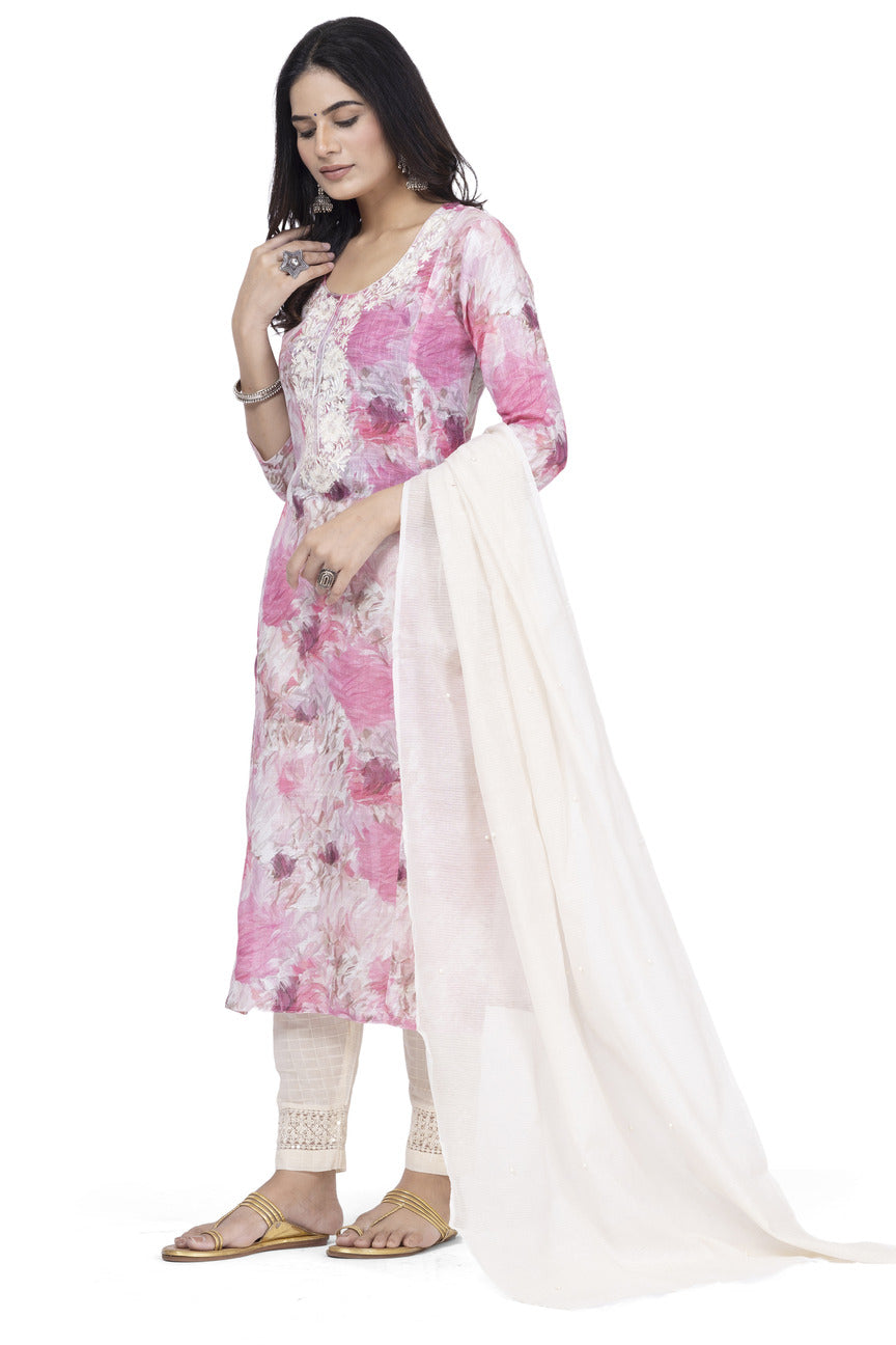 ETHNIC LINEN-COTTON DIGITAL PRINT WITH NECK EMBROIDERY KURTA 3PCS SET