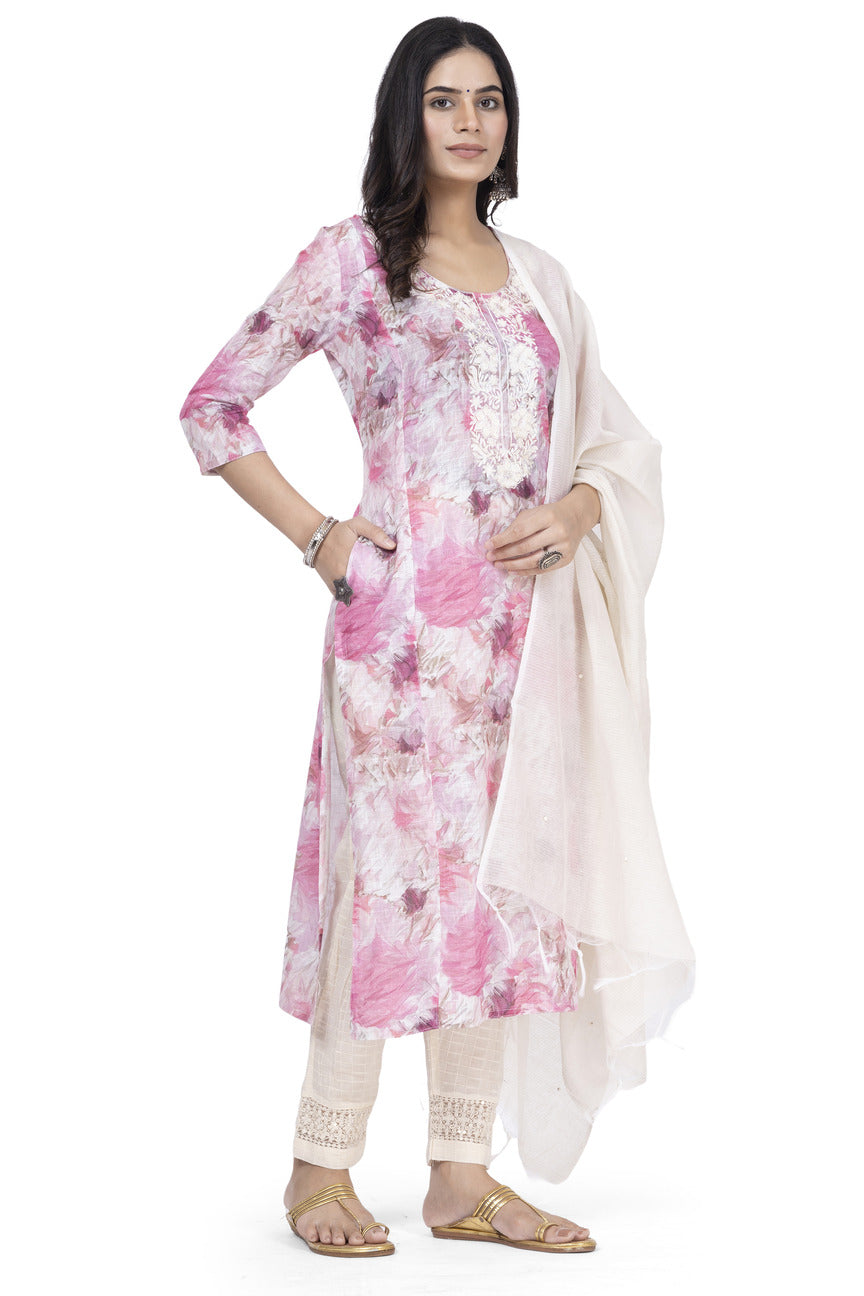 ETHNIC LINEN-COTTON DIGITAL PRINT WITH NECK EMBROIDERY KURTA 3PCS SET