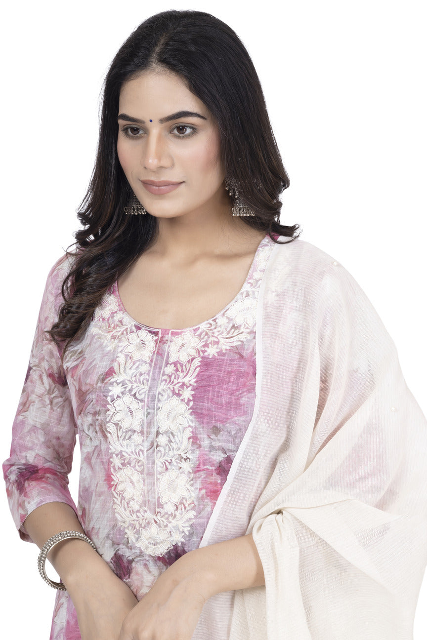 ETHNIC LINEN-COTTON DIGITAL PRINT WITH NECK EMBROIDERY KURTA 3PCS SET