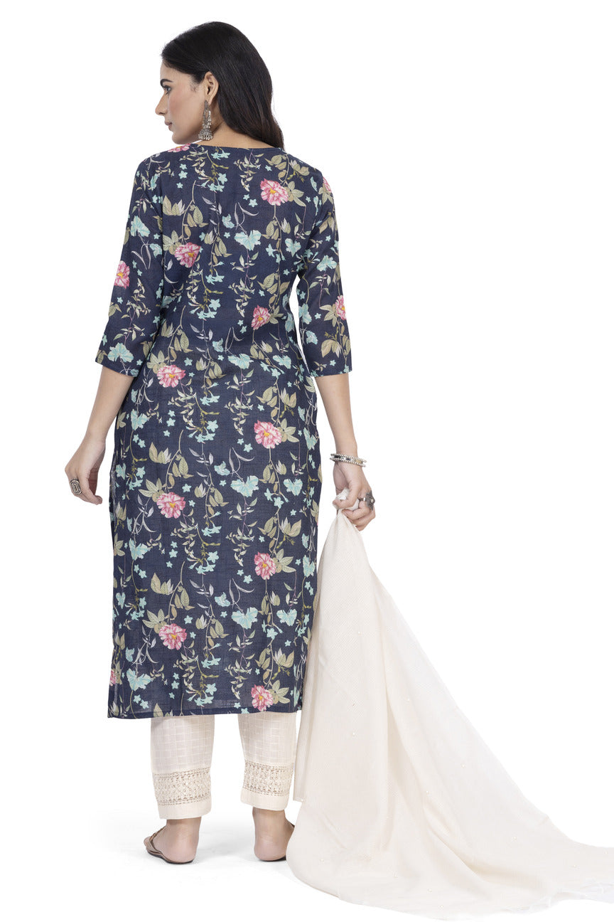 ETHNIC LINEN-COTTON DIGITAL PRINT WITH NECK EMBROIDERY KURTA 3PCS SET