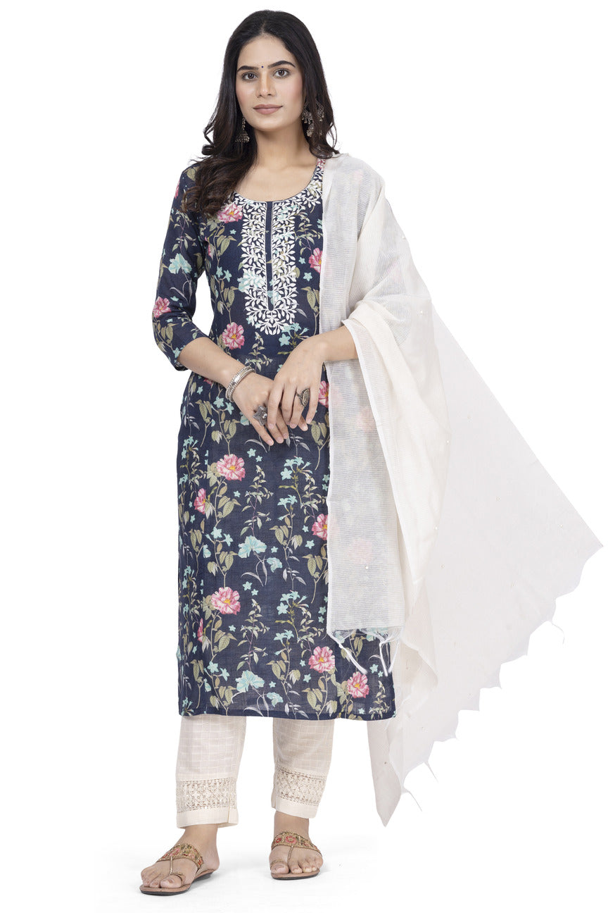 ETHNIC LINEN-COTTON DIGITAL PRINT WITH NECK EMBROIDERY KURTA 3PCS SET
