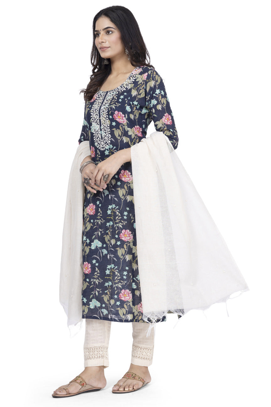 ETHNIC LINEN-COTTON DIGITAL PRINT WITH NECK EMBROIDERY KURTA 3PCS SET