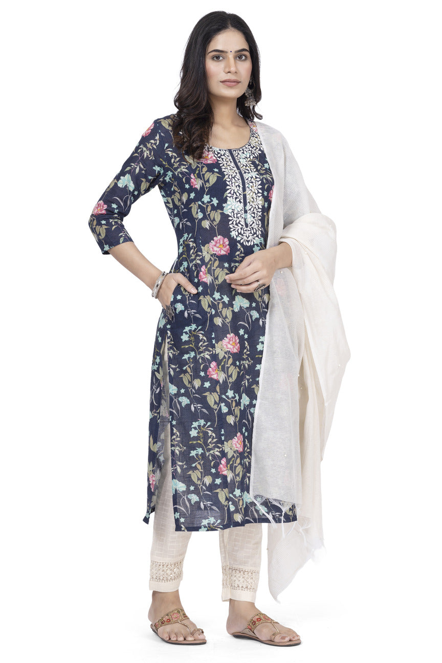 ETHNIC LINEN-COTTON DIGITAL PRINT WITH NECK EMBROIDERY KURTA 3PCS SET