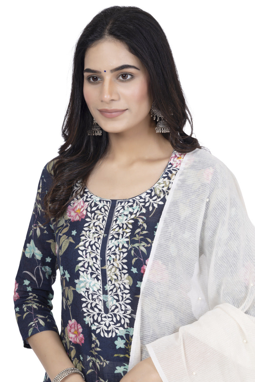 ETHNIC LINEN-COTTON DIGITAL PRINT WITH NECK EMBROIDERY KURTA 3PCS SET