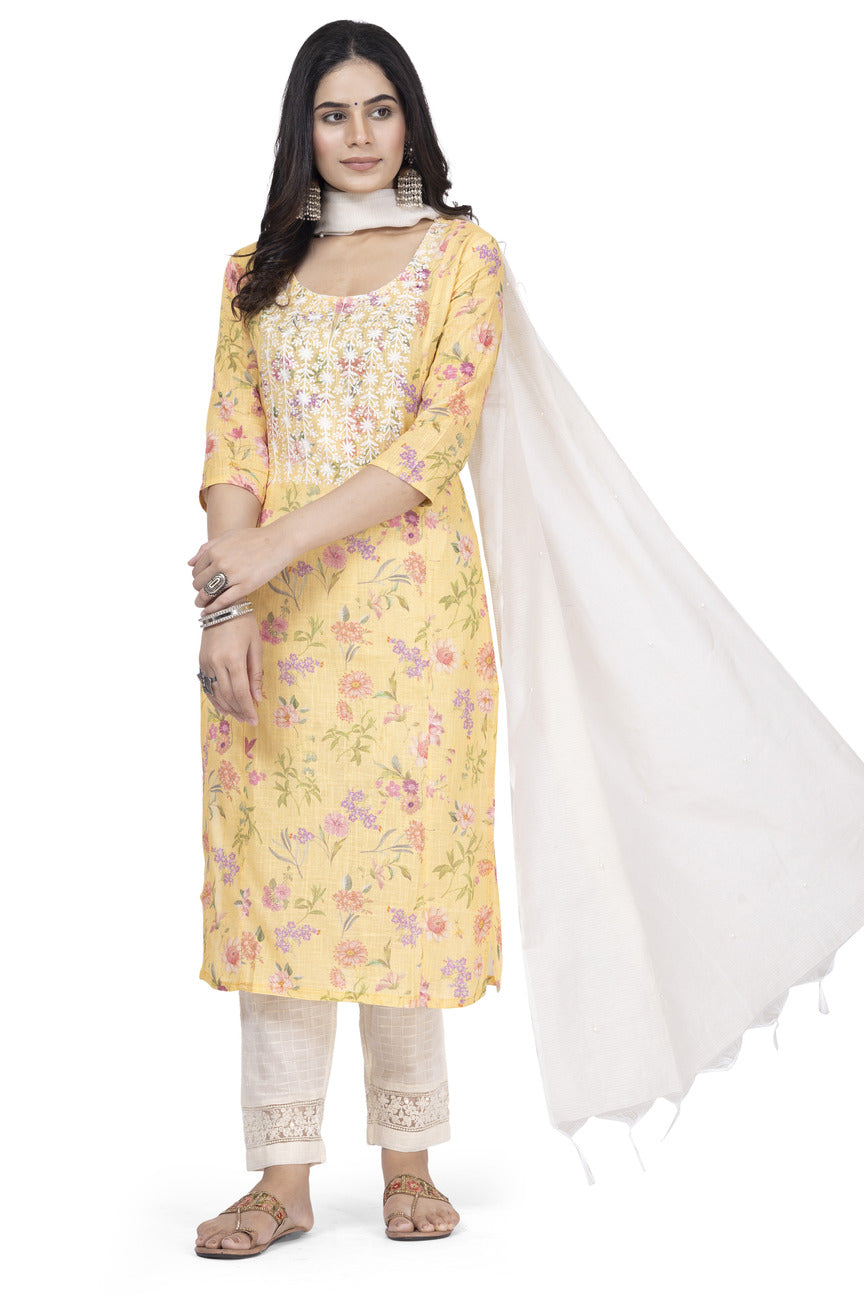 ETHNIC LINEN-COTTON DIGITAL PRINT WITH NECK EMBROIDERY KURTA 3PCS SET
