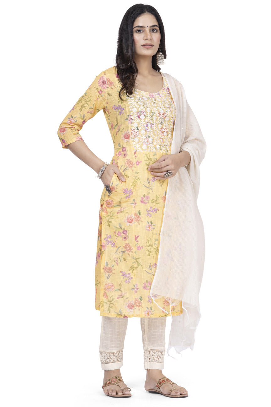 ETHNIC LINEN-COTTON DIGITAL PRINT WITH NECK EMBROIDERY KURTA 3PCS SET
