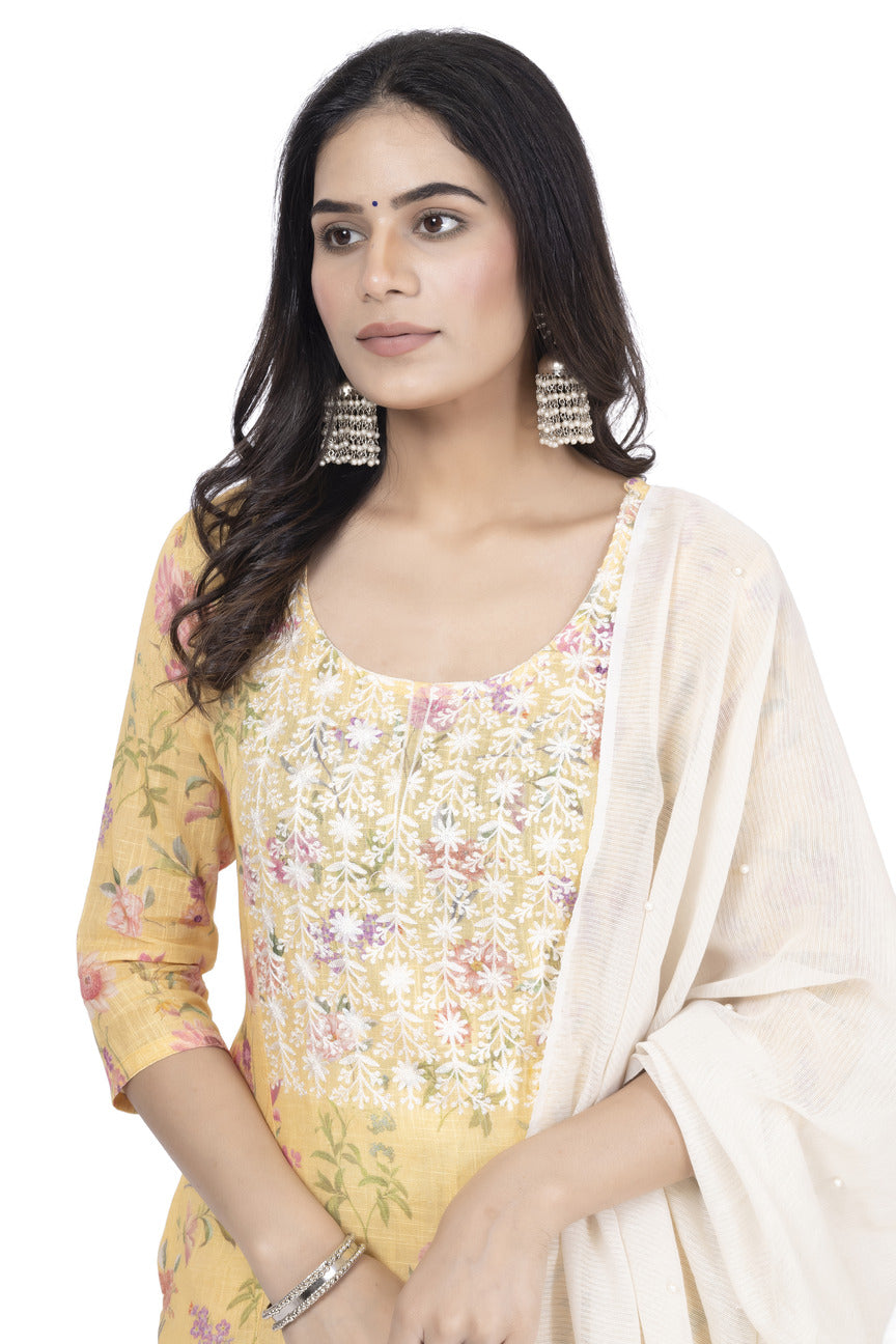 ETHNIC LINEN-COTTON DIGITAL PRINT WITH NECK EMBROIDERY KURTA 3PCS SET