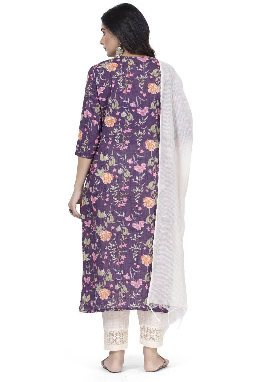 ETHNIC LINEN-COTTON DIGITAL PRINT WITH NECK EMBROIDERY KURTA 3PCS SET