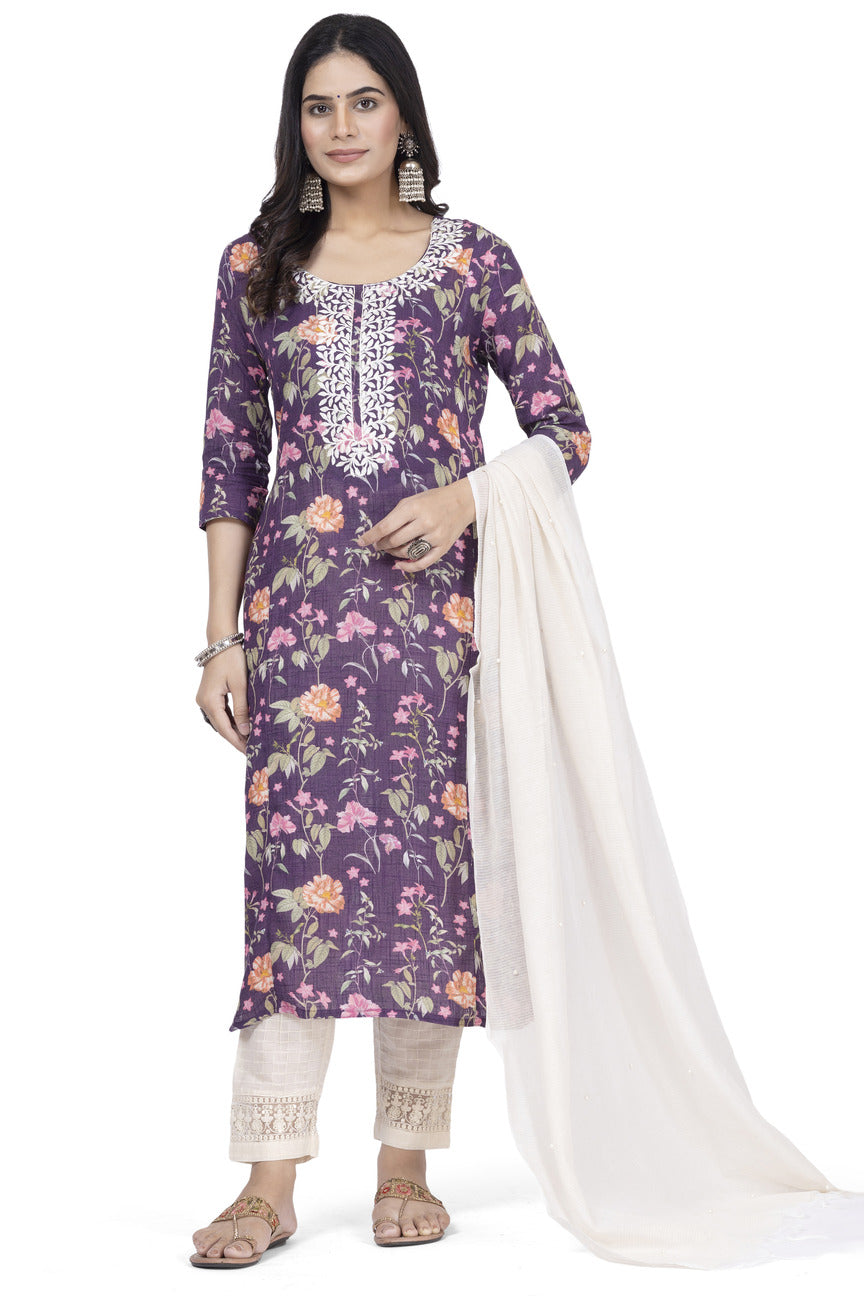 ETHNIC LINEN-COTTON DIGITAL PRINT WITH NECK EMBROIDERY KURTA 3PCS SET