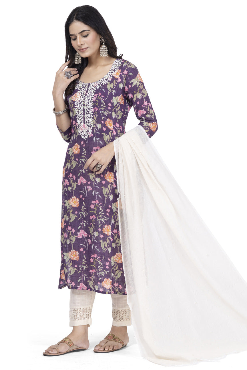 ETHNIC LINEN-COTTON DIGITAL PRINT WITH NECK EMBROIDERY KURTA 3PCS SET