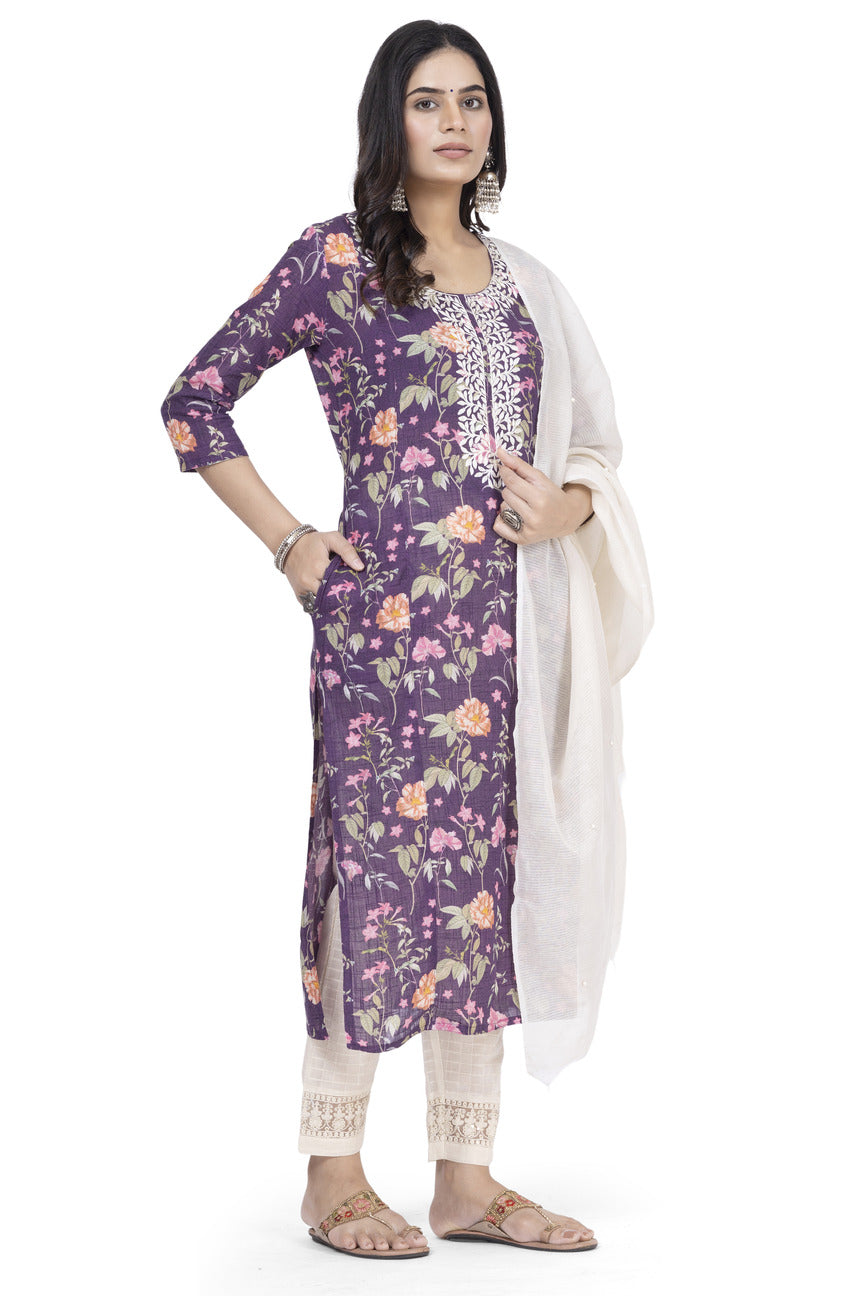 ETHNIC LINEN-COTTON DIGITAL PRINT WITH NECK EMBROIDERY KURTA 3PCS SET