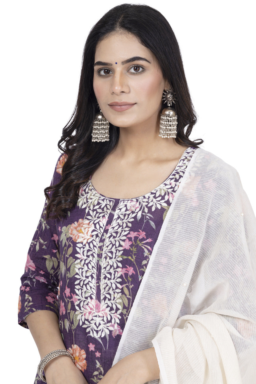 ETHNIC LINEN-COTTON DIGITAL PRINT WITH NECK EMBROIDERY KURTA 3PCS SET