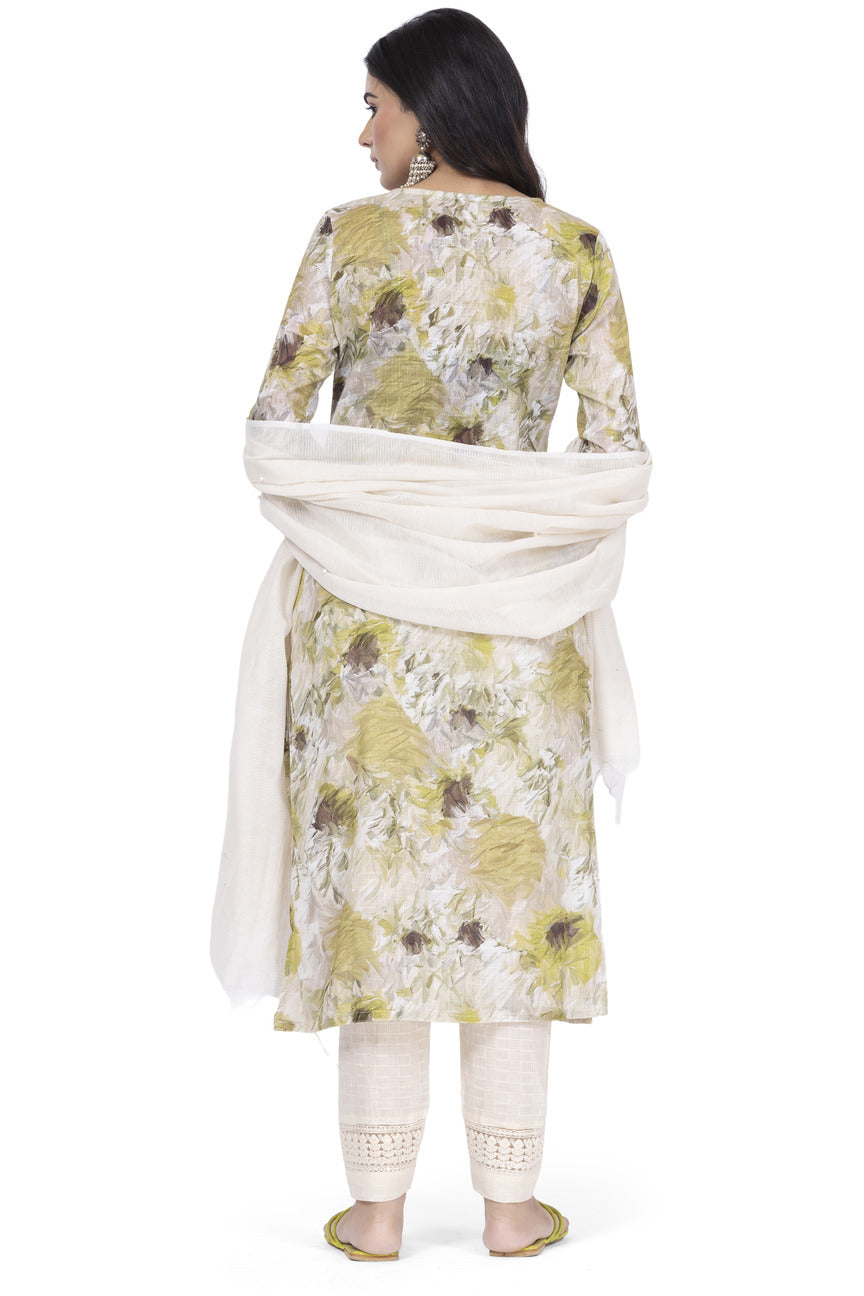 ETHNIC LINEN-COTTON DIGITAL PRINT WITH NECK EMBROIDERY KURTA 3PCS SET