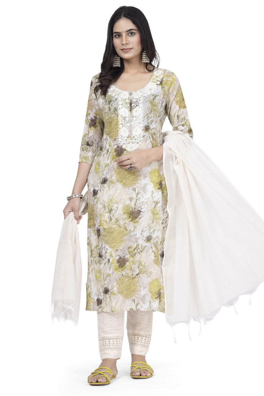 ETHNIC LINEN-COTTON DIGITAL PRINT WITH NECK EMBROIDERY KURTA 3PCS SET