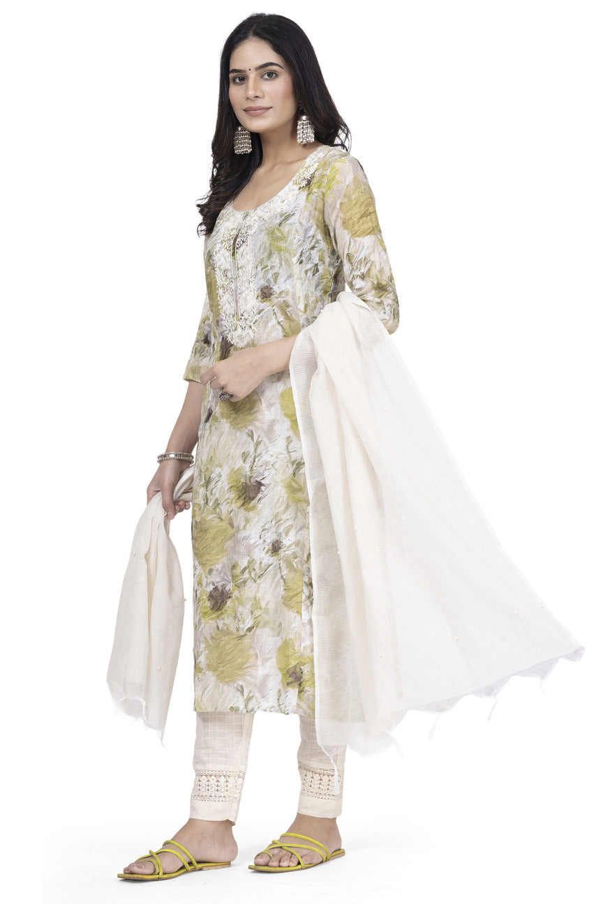 ETHNIC LINEN-COTTON DIGITAL PRINT WITH NECK EMBROIDERY KURTA 3PCS SET