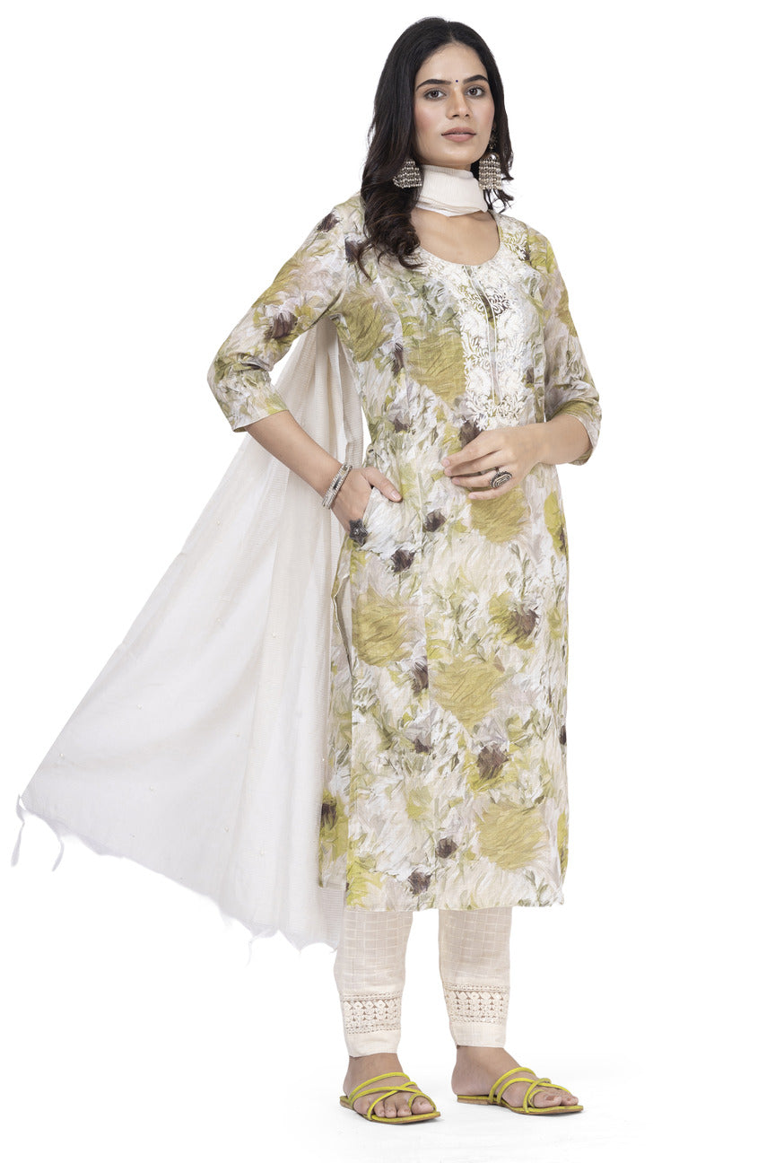 ETHNIC LINEN-COTTON DIGITAL PRINT WITH NECK EMBROIDERY KURTA 3PCS SET