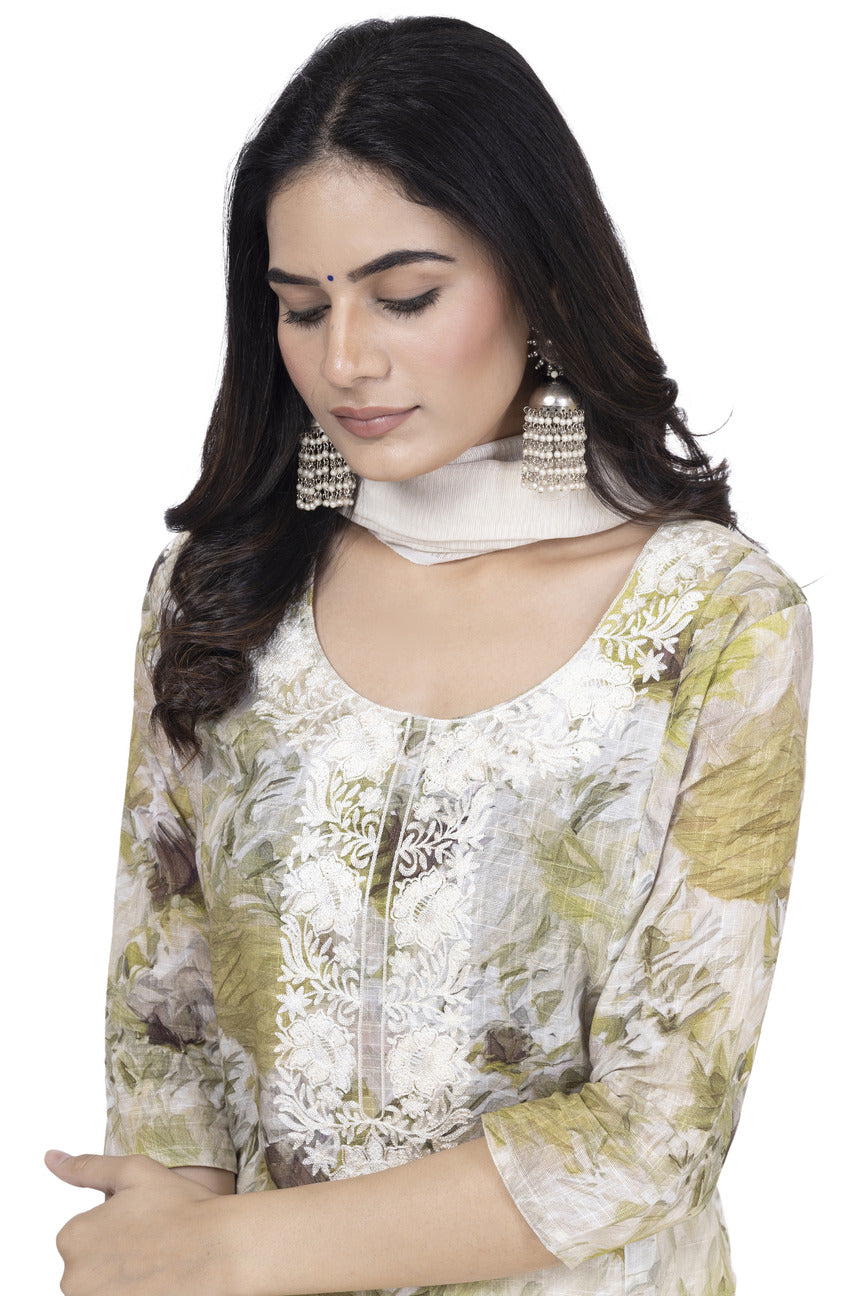 ETHNIC LINEN-COTTON DIGITAL PRINT WITH NECK EMBROIDERY KURTA 3PCS SET