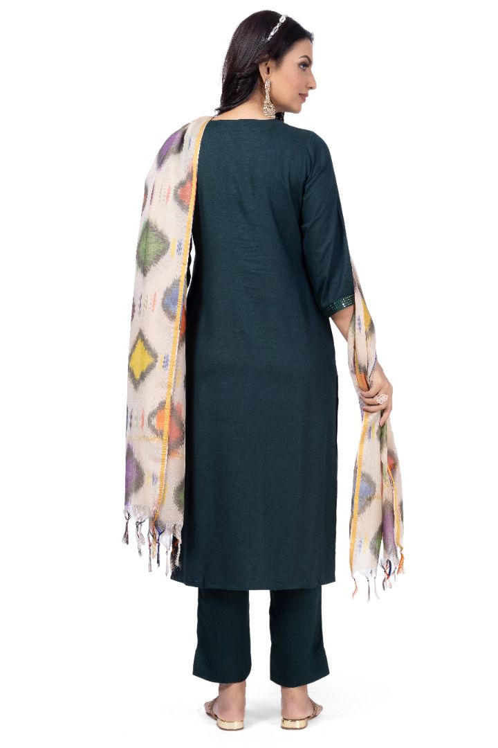 SOLID ETHNIC KURTA NECK EMBROIDERY WORK WITH IKKAT DUPATTA