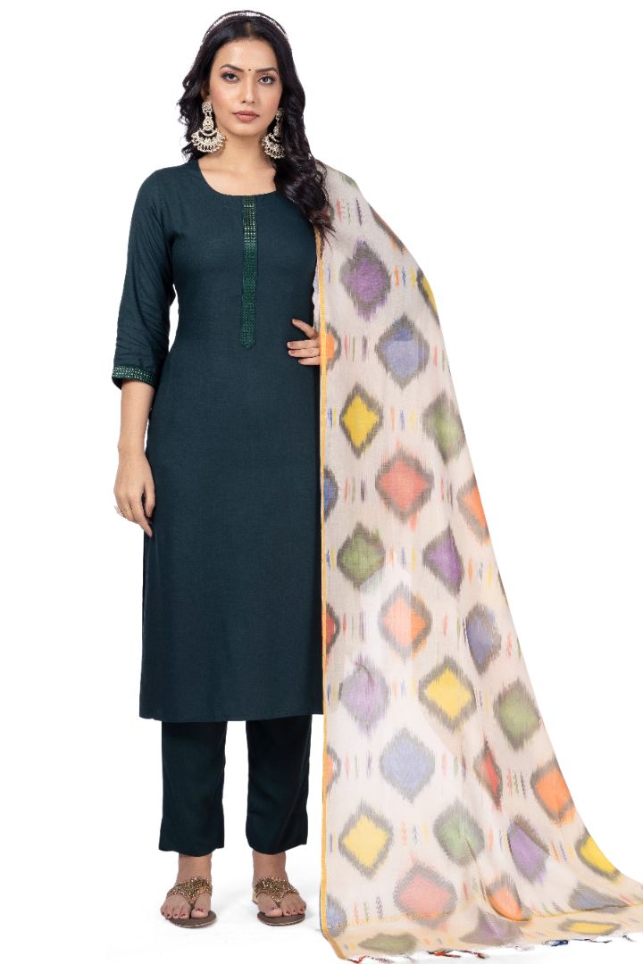 SOLID ETHNIC KURTA NECK EMBROIDERY WORK WITH IKKAT DUPATTA