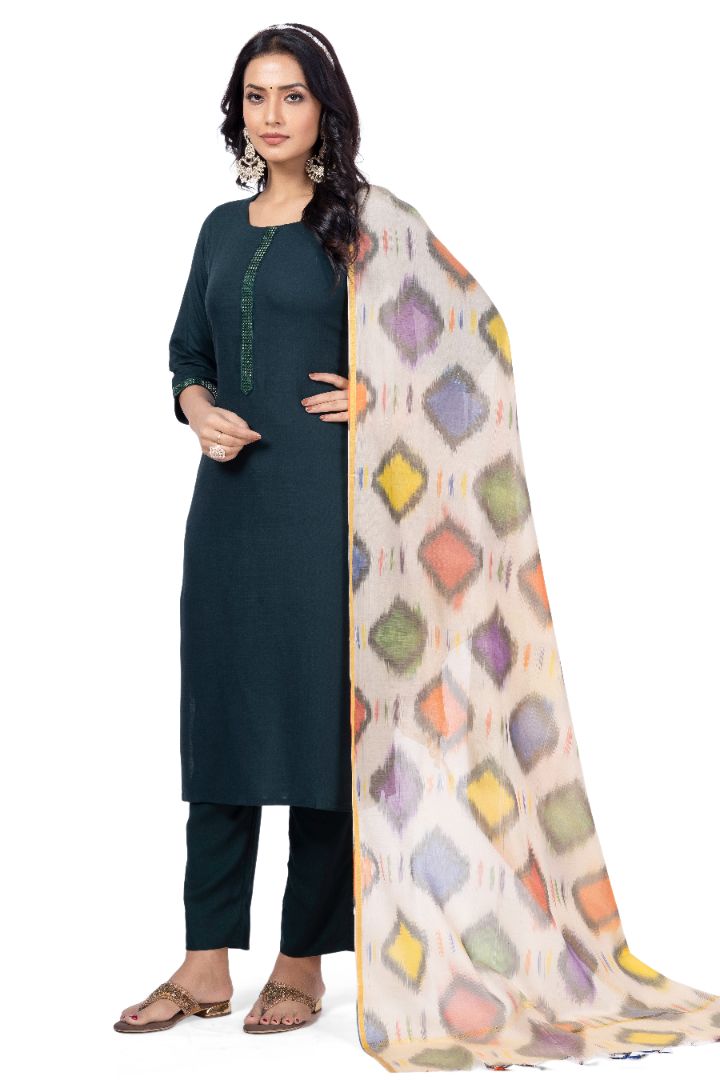 SOLID ETHNIC KURTA NECK EMBROIDERY WORK WITH IKKAT DUPATTA