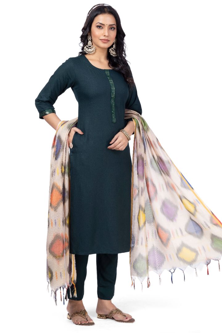 SOLID ETHNIC KURTA NECK EMBROIDERY WORK WITH IKKAT DUPATTA