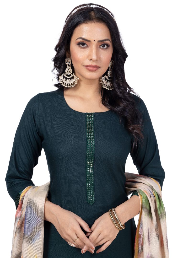 SOLID ETHNIC KURTA NECK EMBROIDERY WORK WITH IKKAT DUPATTA