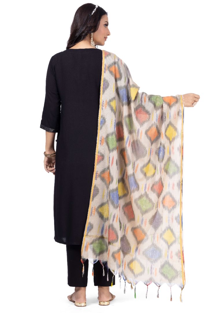 SOLID ETHNIC KURTA NECK EMBROIDERY WORK WITH IKKAT DUPATTA