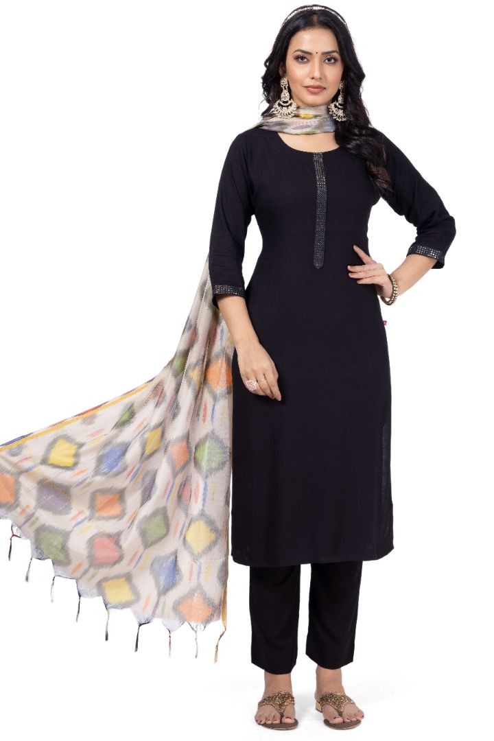 SOLID ETHNIC KURTA NECK EMBROIDERY WORK WITH IKKAT DUPATTA