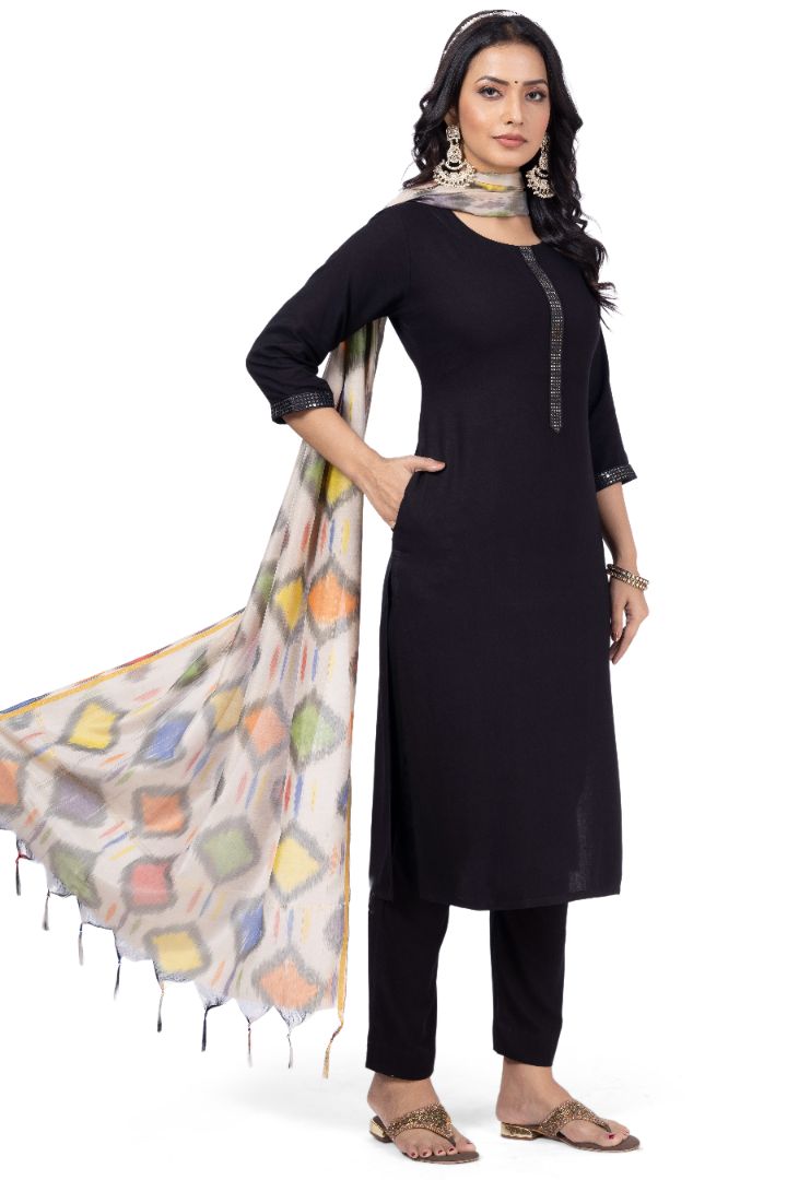 SOLID ETHNIC KURTA NECK EMBROIDERY WORK WITH IKKAT DUPATTA