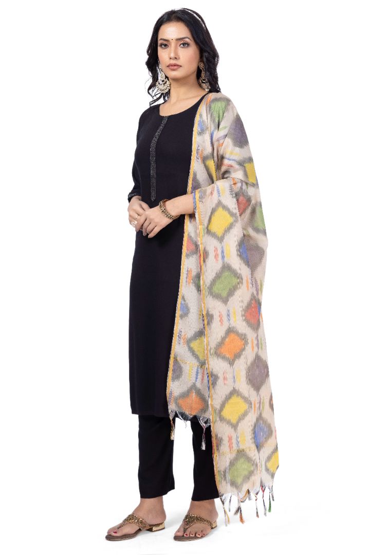 SOLID ETHNIC KURTA NECK EMBROIDERY WORK WITH IKKAT DUPATTA